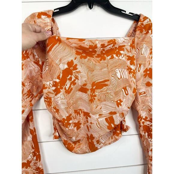 Open Edit Orange White Cowl Neck Long Sleeve Top XXS Smocked Back - Picture 8 of 11